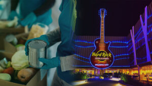 Hard Rock’s George Goldhoff and Chicago band members present $10,000 to food bank