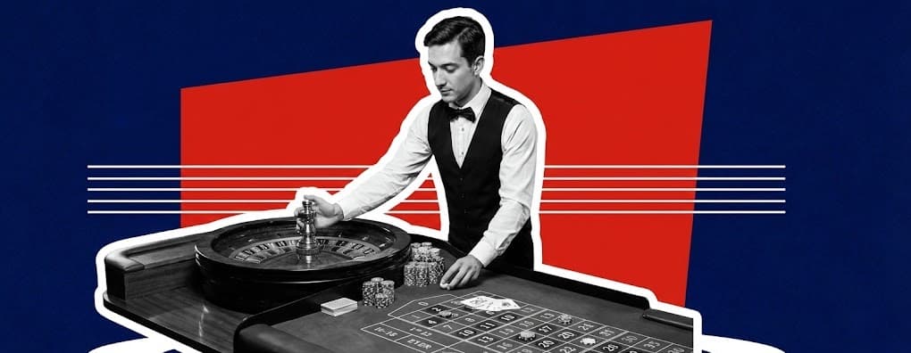An image of a roulette dealer in front a roulette wheel.