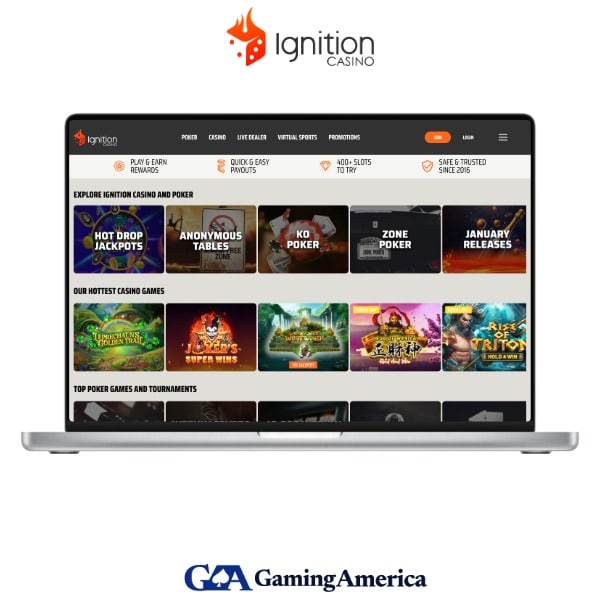 Screenshot of the Ignition Casino login interface and lobby on a desktop and mobile device