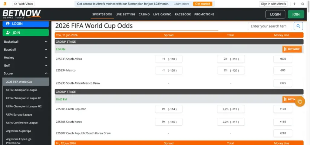 BetNow FIFA World Cup odds