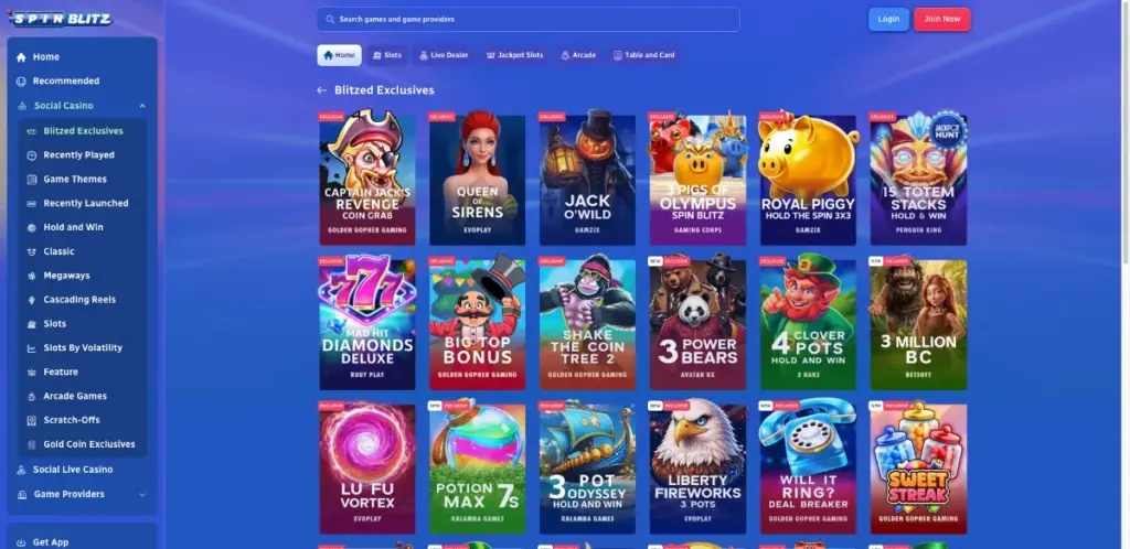 Spinblitz exclusive game lobby on desktop