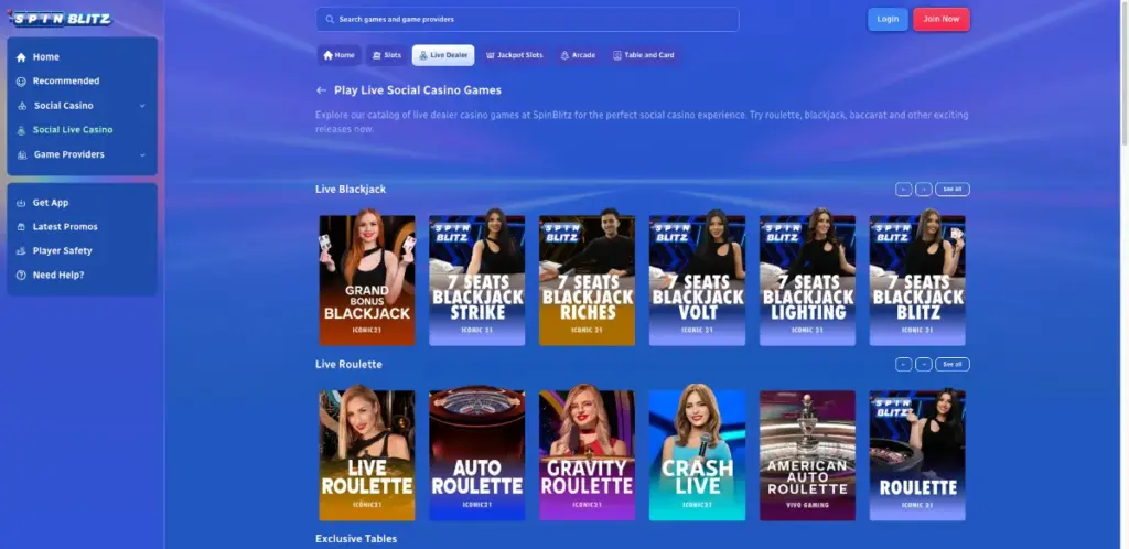 Spinblitz live casino game lobby on desktop