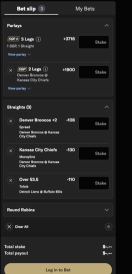BetMGM Sportsbook bet slip showing a build-parlay with two same-game parlays and three straight bets