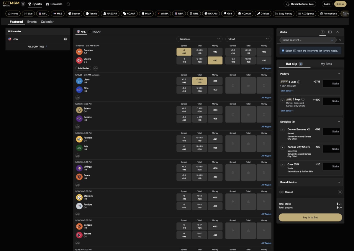 BetMGM Sportsbook NFL odds board with spreads, totals and moneylines and a three-leg parlay bet slip