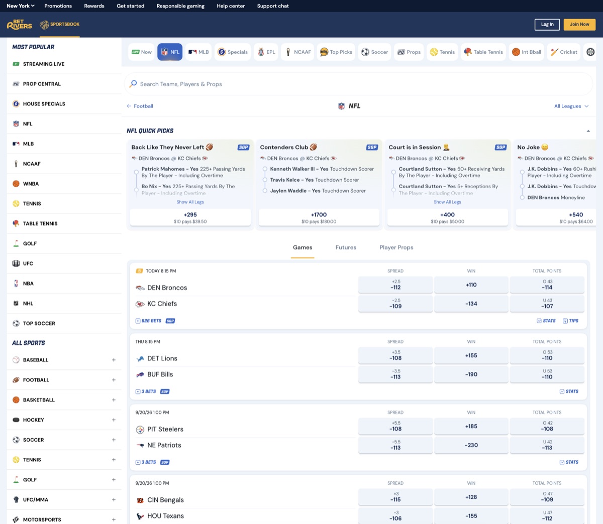 BetRivers Sportsbook NFL odds board with quick-pick same-game parlays
