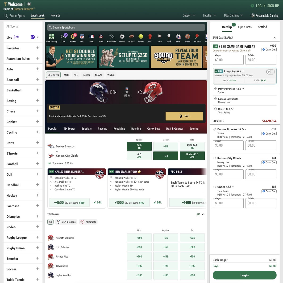 Caesars Sportsbook NFL odds board with same-game parlay boosts and a three-leg bet slip