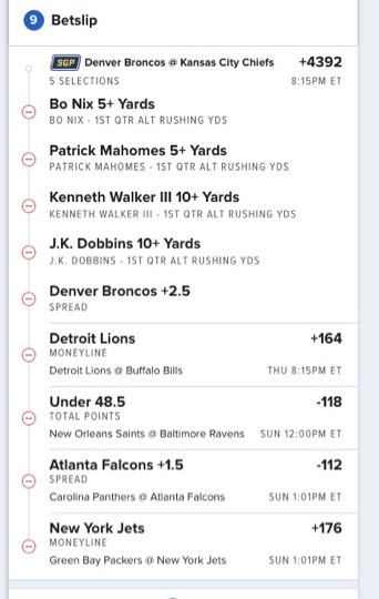FanDuel Sportsbook bet slip showing a populated same-game parlay with five NFL player-prop and spread selections
