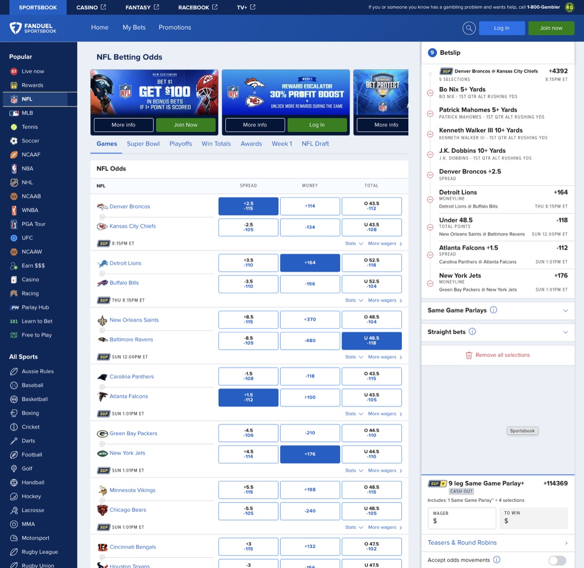 FanDuel Sportsbook NFL odds board with spreads, moneylines and a populated same-game parlay bet slip